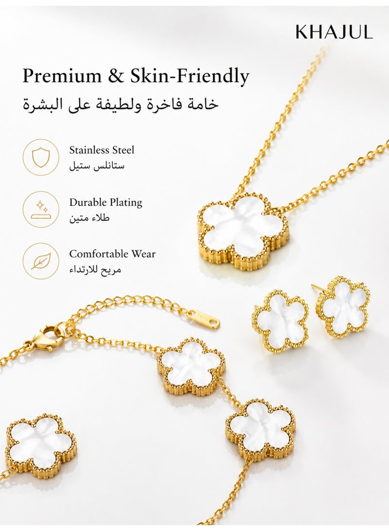 KHAJUL 3 Pcs Five Leaf Clover Jewelry Set, White Gold Plated Necklace Bracelet Earrings with Floral Design, Stainless Steel Jewelry for Women, Adjustable Size Gift Set for Wedding Party Daily Wear (White Gold) - Image 5