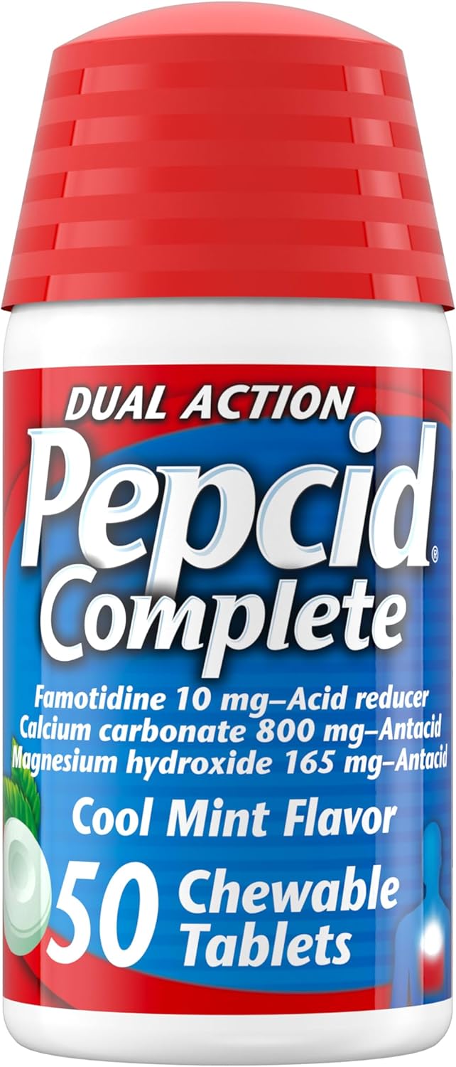 Pepcid Pepcid Complete Acid Reducer + Antacid Chewables, 10mg Famotidine, 800mg Calcium Carbonate & 165mg Magnesium Hydroxide per Heartburn Medicine Tablet, Antacid Chews, Mint, 50 ct 