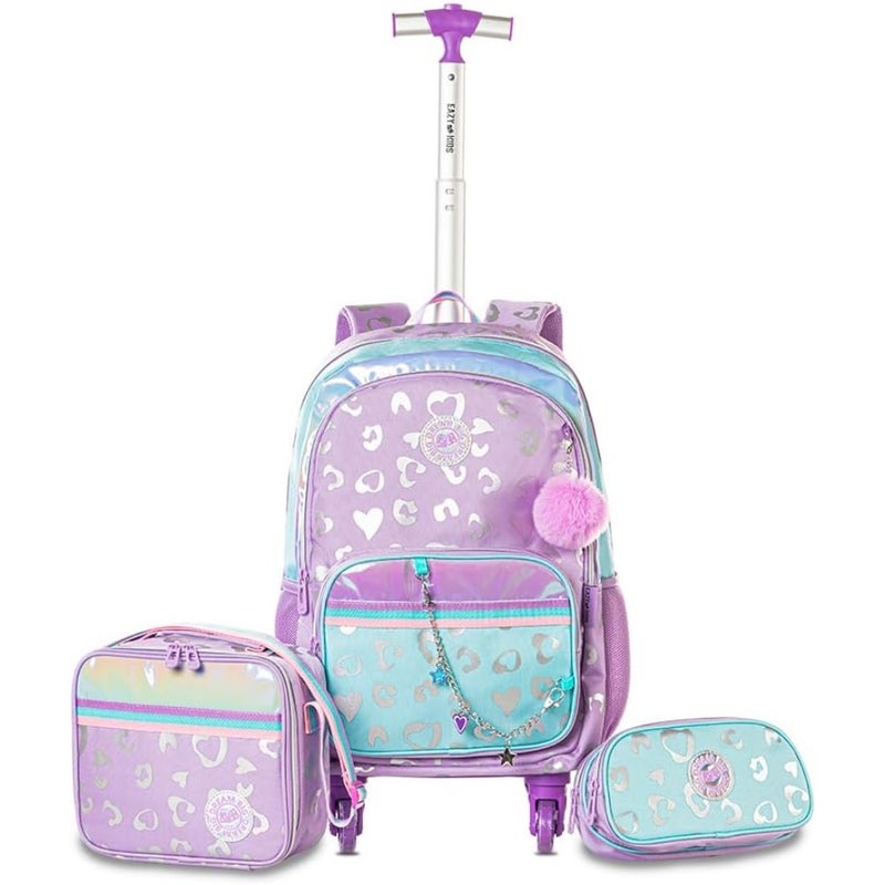 4-wheel Trolley 17" School Bag Set of 3 w/Lunch Bag and Pencil Pouch - Love Purple - Image 1