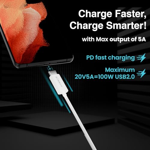HAMMER 1.5M Type C to Type C 5A (100W) PD Fast Charging Cable with EMK Chip, Rapid Data Transfer, Anti-Breakage Wire, Compatible with Smartphone all C-Type Enabled Devices (White) - Image 4