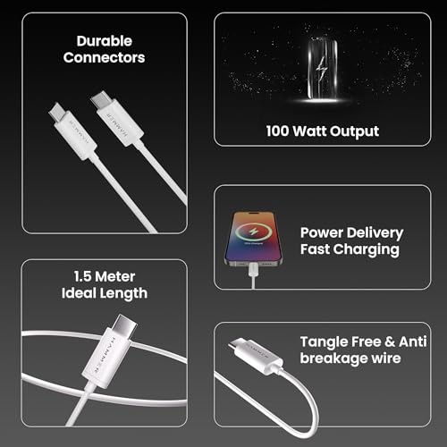HAMMER 1.5M Type C to Type C 5A (100W) PD Fast Charging Cable with EMK Chip, Rapid Data Transfer, Anti-Breakage Wire, Compatible with Smartphone all C-Type Enabled Devices (White) - Image 2