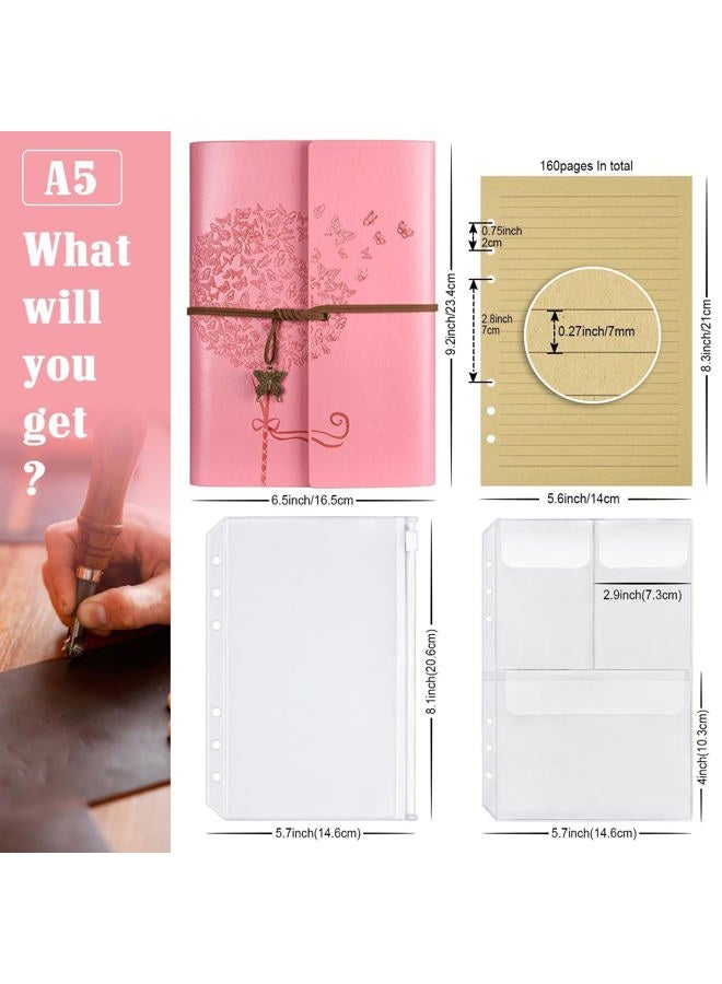 OMEYA Leather Journal Notebook, Vintage Refillable Journal with 2 PVC Pockets, Travel Journal for Writing, Diary Journal for Women, Men, Girls and Boys, 100GSM Lined Paper, 160 Pages (Pink, A6 7.3"x 5.1") - Image 2