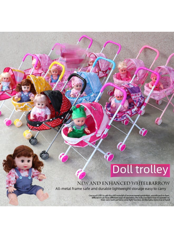 Foldable Iron Rod Baby Stroller Toy For Children's Parent-child Play Realistic Baby Hand Push Cart Simulation Household Items-Color:839A Pink - Image 3