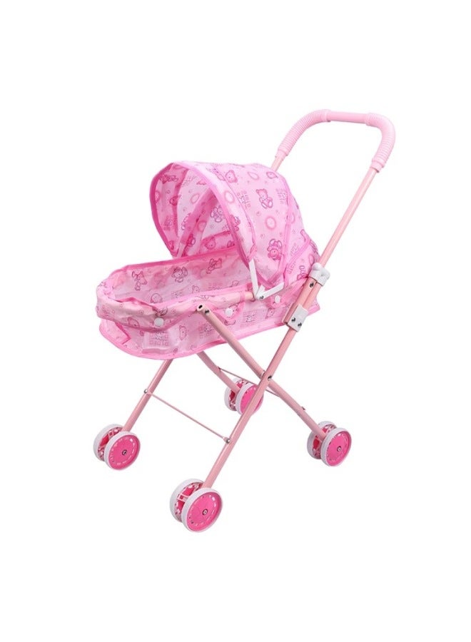 Foldable Iron Rod Baby Stroller Toy For Children's Parent-child Play Realistic Baby Hand Push Cart Simulation Household Items-Color:839A Pink - Image 1