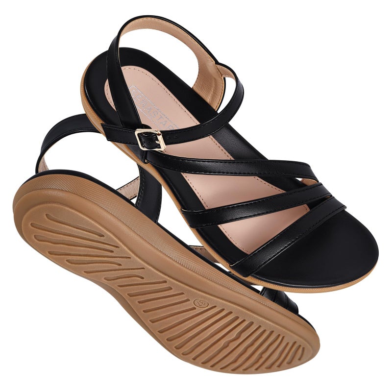SERASTAR Flat Sandals for Women Dressy - Black Size 7 Ankle Strap Summer Sandals - Comfortable Walking Cushioned Womens Flats Sandal - Image 1