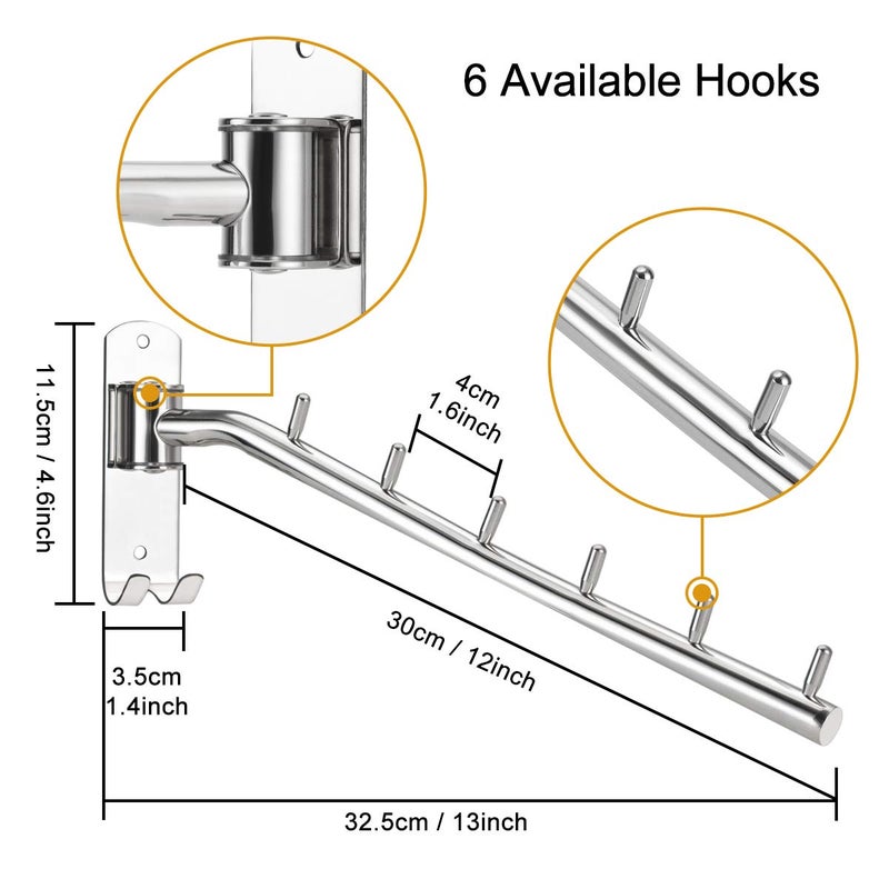 Bosszi 2-Pack Wall Mounted Folding Clothes Hanger Rack  Stainless Steel Clothes Hooks With Swing Arm Holder Space Saving Clothing Hanging System Closet Storage Organizer Heavy Duty Drying Rack - Image 4
