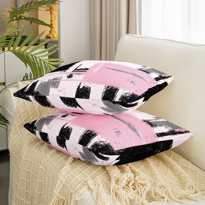 Feelyou Abstract Throw Pillow Covers for Couch Sofa Bed, Set of 2 Modern Abstract Art Decorative Pillows Cushion Covers, Pink Black Pattern Pillow Inserts Not Included, 18x18 inch - Image 3