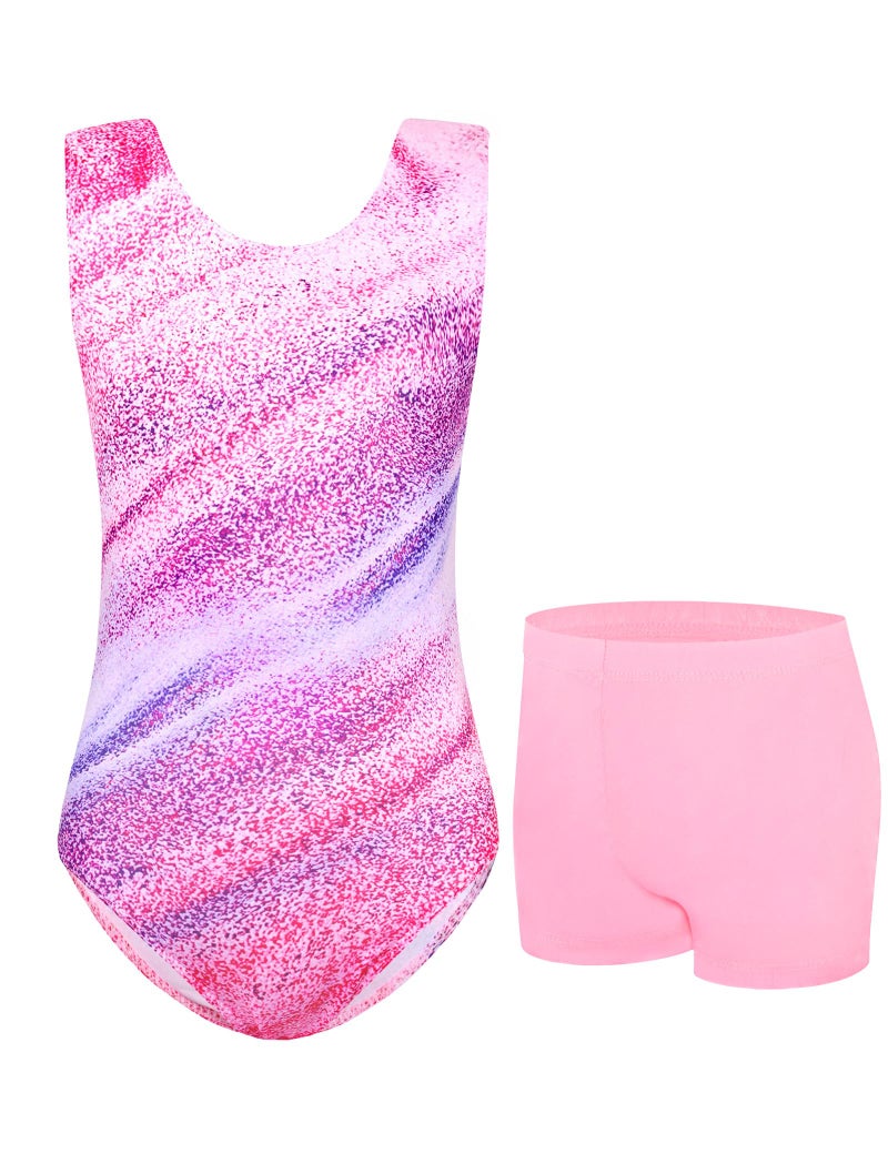 Jinhiteam Girls Leotards for Gymnastics Size 7-8 Years Old Colorful Stripes Pattern Unitard with Pink Shorts - Image 1