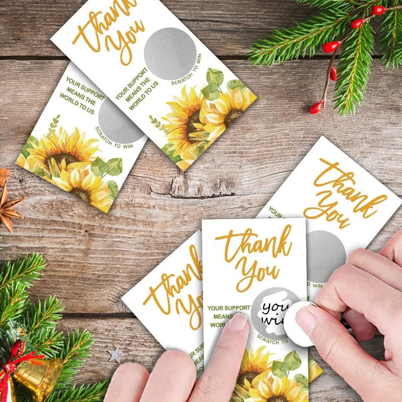 REWIDPARTY 50 Blank Sunflower Scratch Off Game Cards Thank You Scratch Off Gift Cards Festival Raffle Tickets Sunflower Customer Appreciation Cards Summer Holiday Party Supplies for Small Business - Image 5
