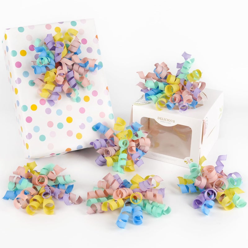 HUIHUANG Pastel Curly Ribbon Bows Pastel Bows for Gift Wrapping, Self Adhesive Burst Gift Bow for Presents, Birthday, Holiday Party Favors, Wine Bottle, Treat Bags- 6 Counts - Image 1