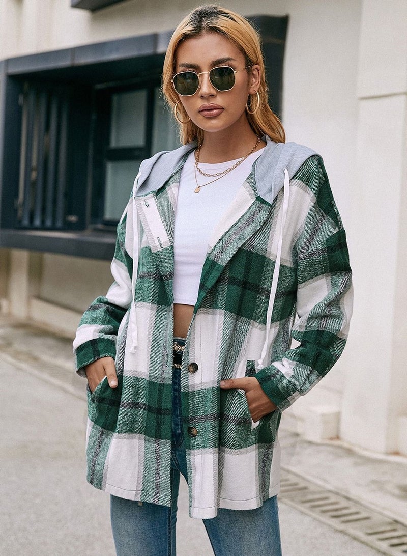 Loquat Hooded Loose Casual Cardigan Plaid Shirt Coat Multicolour - Image 3