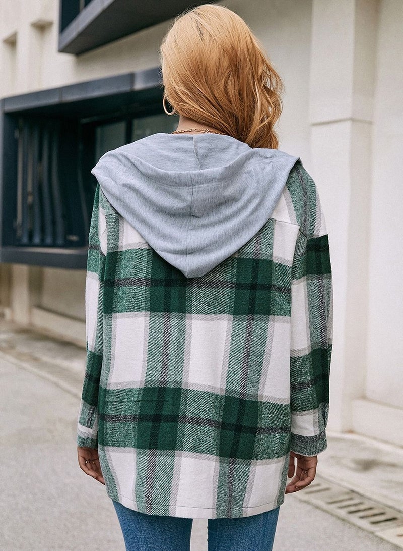 Loquat Hooded Loose Casual Cardigan Plaid Shirt Coat Multicolour - Image 2