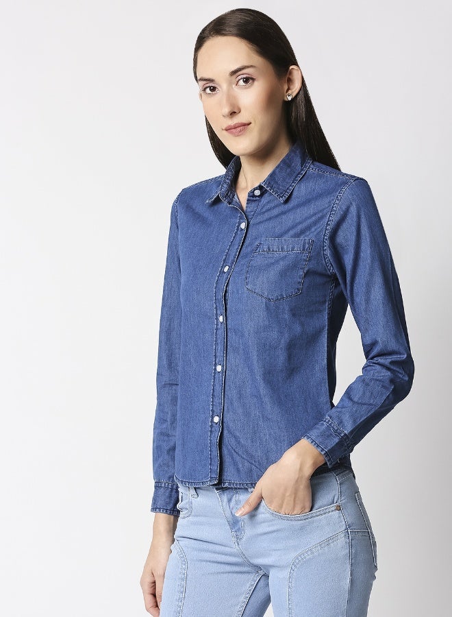 HIGH STAR Women Blue Regular Fit Solid Casual Shirt - Image 1