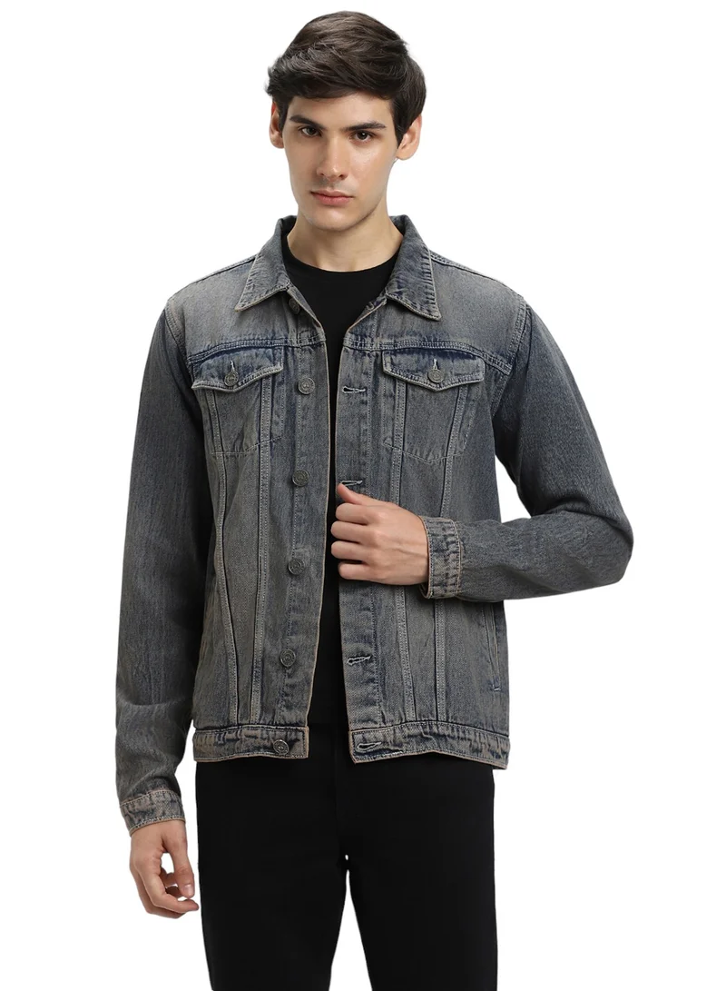 Dennis Lingo Regular Fit Indigo Men's Washed Denim Jacket, Full Sleeves, Spread Collar, Casual, Button Closure