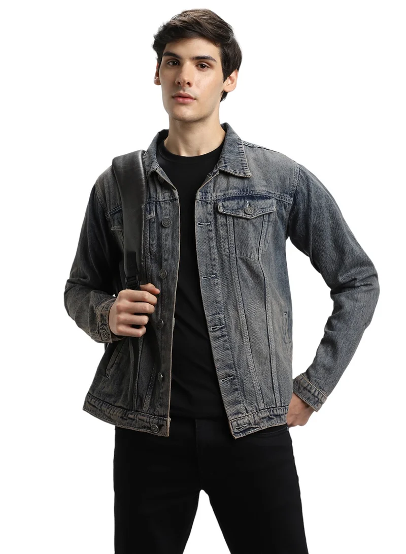 Dennis Lingo Regular Fit Indigo Men's Washed Denim Jacket, Full Sleeves, Spread Collar, Casual, Button Closure