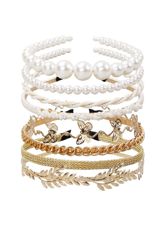 ووفوووفو عصابة رأس من اللؤلؤ للنساء، عبوة من 8 قطع، عصابة رأس من اللؤلؤ الصناعي الأبيض، عصابة رأس معدنية ذهبية على شكل زهرة الفراشة، عصابة شعر للعروس، إكسسوارات شعر لحفلات الزفاف للفتيات