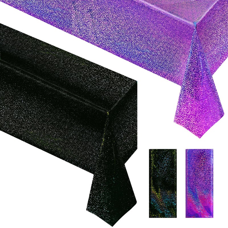 Just Shimmer 2 Pcs Black & Purple Holographic Laser Tablecloths Iridescence Shiny Table Covers 40" x 108" Halloween Decorations Space Plastic Table Cloths for Birthday Party Wedding Events Supplies - Image 1