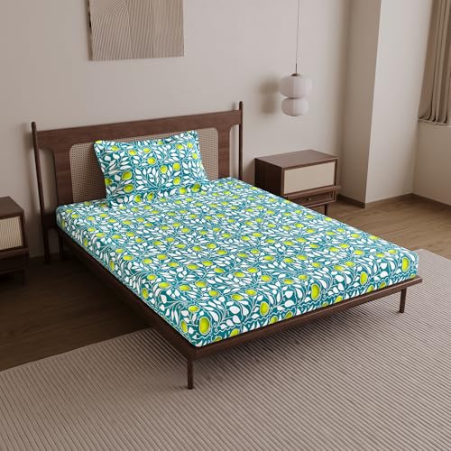Divine Casa Bedsheet for Single Size Bed 144 Tc Cotton Bedsheet for Single Size Bed with 1 Pillow Cover (145 X 223 cm) Floral Green Lemon Cotton Bedsheet - Image 2