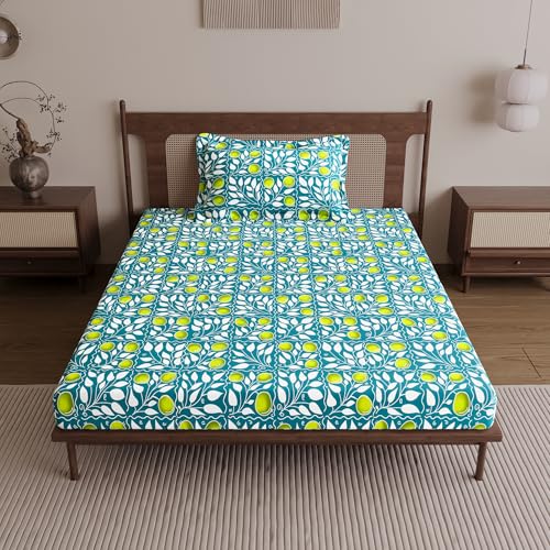 Divine Casa Bedsheet for Single Size Bed 144 Tc Cotton Bedsheet for Single Size Bed with 1 Pillow Cover (145 X 223 cm) Floral Green Lemon Cotton Bedsheet - Image 3