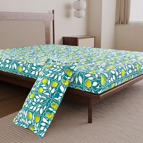 Divine Casa Bedsheet for Single Size Bed 144 Tc Cotton Bedsheet for Single Size Bed with 1 Pillow Cover (145 X 223 cm) Floral Green Lemon Cotton Bedsheet - Image 1