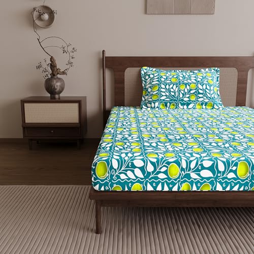 Divine Casa Bedsheet for Single Size Bed 144 Tc Cotton Bedsheet for Single Size Bed with 1 Pillow Cover (145 X 223 cm) Floral Green Lemon Cotton Bedsheet - Image 4