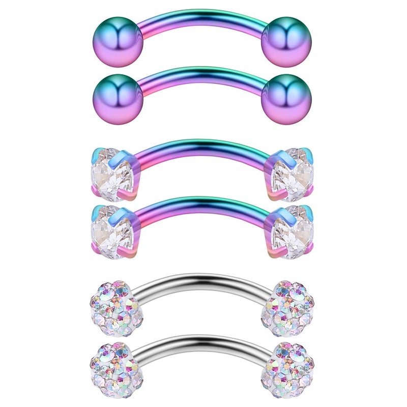 Ruifan 3PRS 16G 3/8" (10MM) Stainless Steel 3mm CZ/Gems/Ball Curved Barbell Eyebrow Tragus Lip Belly Ring Piercing Jewelry - Rainbow - Image 1