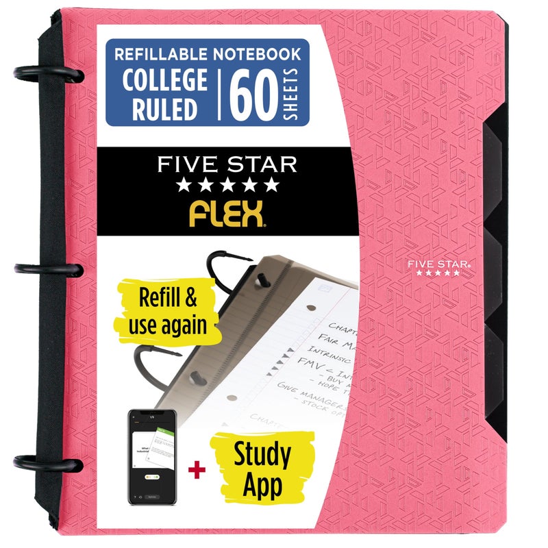 Five Star Flex Refillable Notebook + Study App 1 Inch O-Rings Binder with Pockets Tabs and Dividers, 220 Sheet Capacity, Includes 60 Sheets 8.5" x 11" College Ruled Paper, Prom Pink (293280R) - Image 1