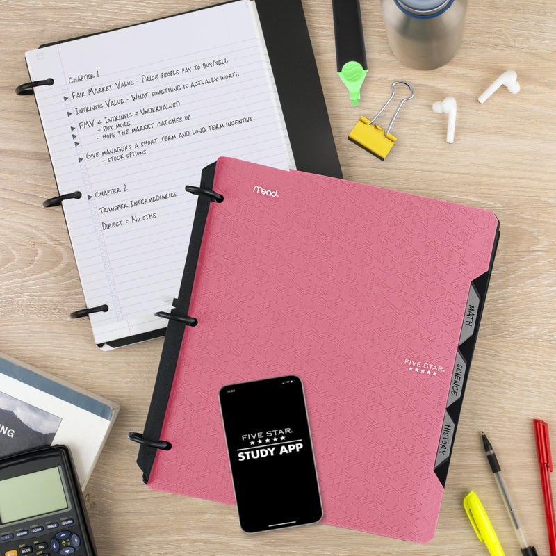 Five Star Flex Refillable Notebook + Study App 1 Inch O-Rings Binder with Pockets Tabs and Dividers, 220 Sheet Capacity, Includes 60 Sheets 8.5" x 11" College Ruled Paper, Prom Pink (293280R) - Image 3