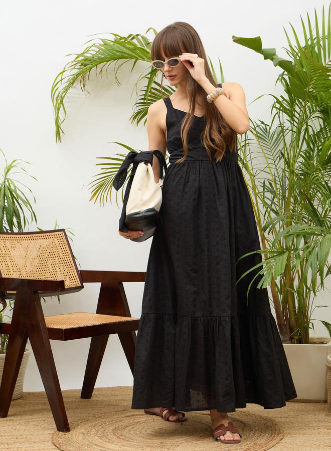 SASSAFRAS Black Embroidered Strappy Maxi Dress - Image 2