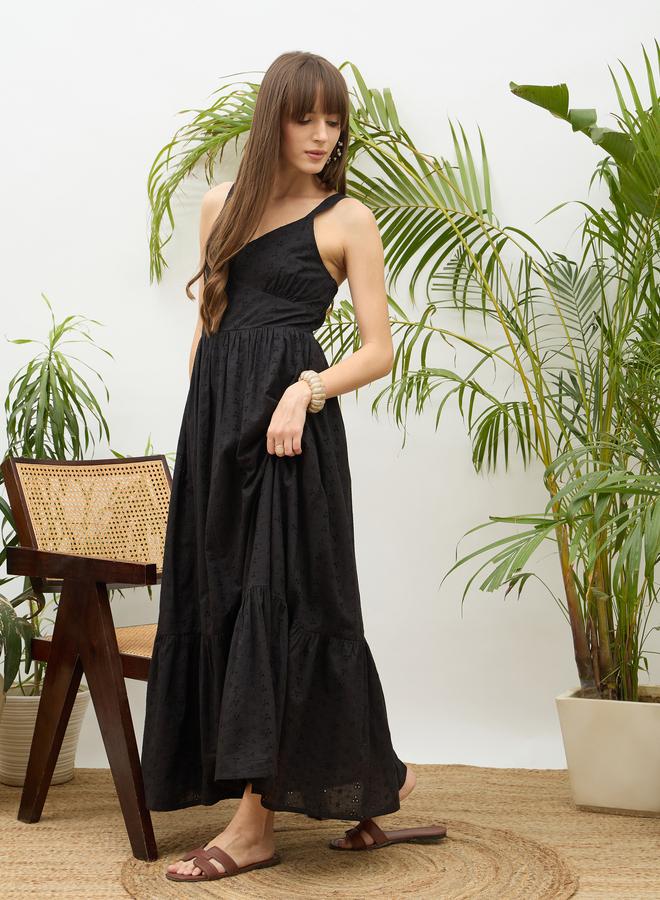 SASSAFRAS Black Embroidered Strappy Maxi Dress - Image 3