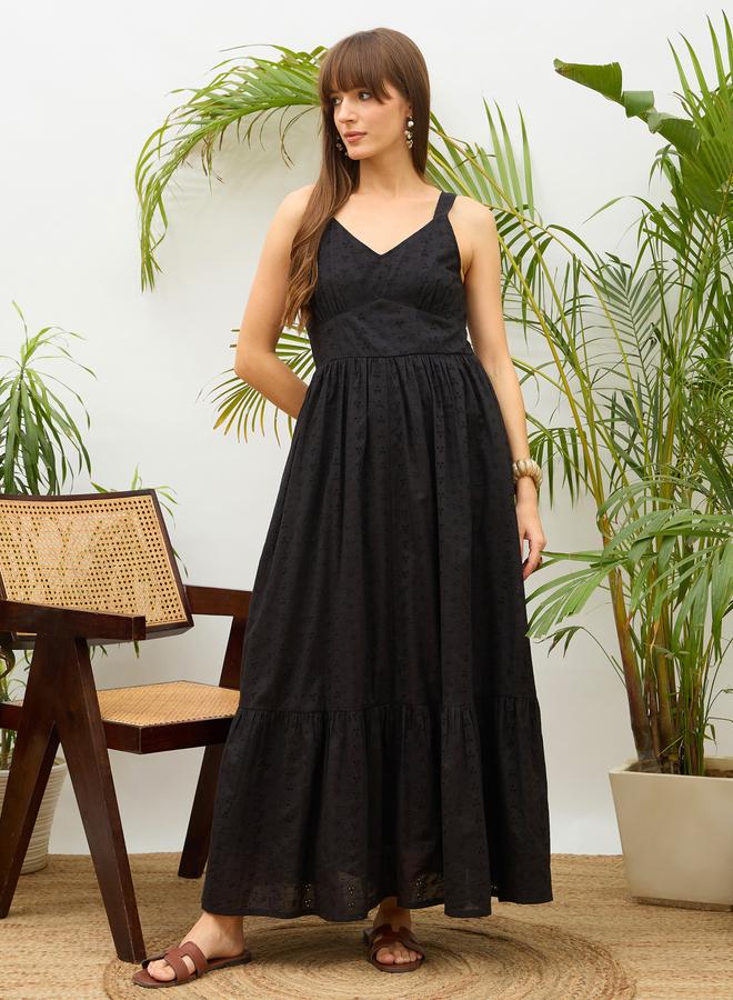 SASSAFRAS Black Embroidered Strappy Maxi Dress - Image 1