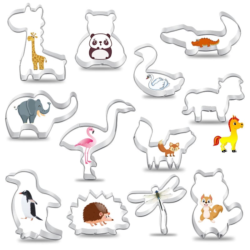FACATH Animal Cookie Cutter Set for Kids Cookie Cutter Set of 12 Piece Stainless Steel Biscuit Cutters Molds with Fox Giraffe Squirrel Penguin Hedgehog Crocodile Horse Elephant Shapes