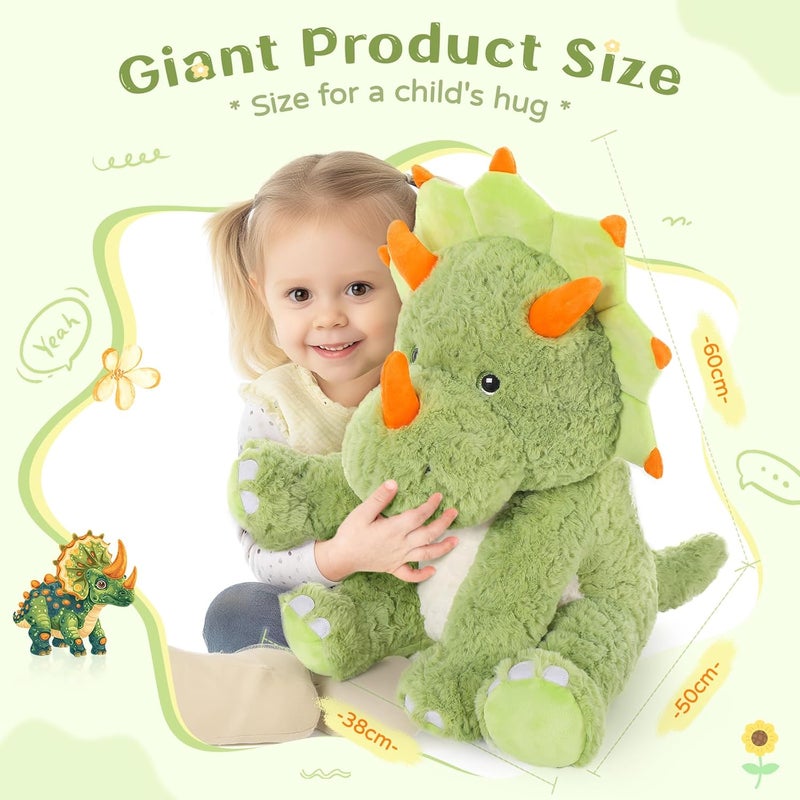 MorisMos Giant Plush Dinosaur, 60 cm Green Triceratops Large Plush Toy, Kawaii Soft Teddy Stuffed Animals Gift for Boys Girls Birthday Deco - Image 2