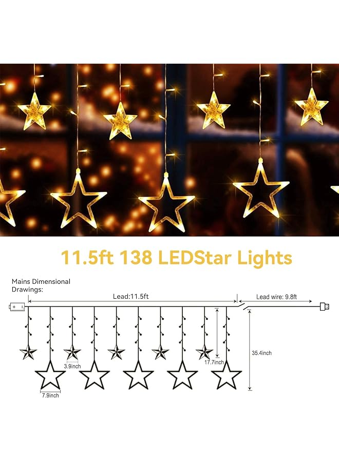 erorex Curtain Fairy Lights 3.5M 11.5Ft 138 Leds 12 Stars Usb Powered And Battery Operated Lights 8 Mode Outdoor Indoor Waterfall Backdrop For Bedroom Wedding Party Wall Decor - Image 3