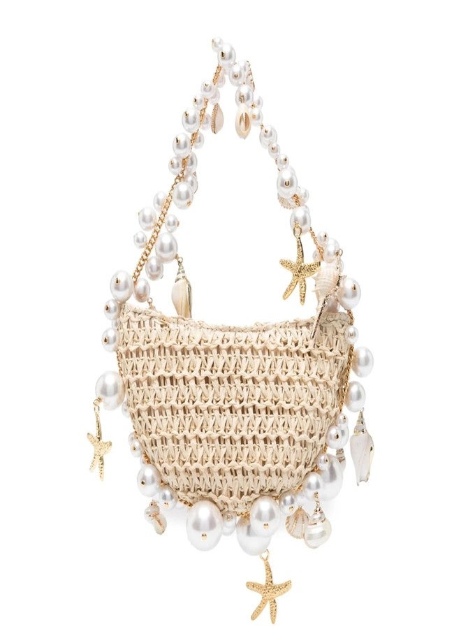XMRSOY Women Straw Beach Bag with Shells and Pearls,Handmade Half Moon Design Purse, Small Tote Bag for Beach Party - Image 1