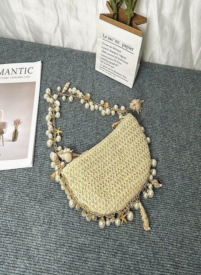 XMRSOY Women Straw Beach Bag with Shells and Pearls,Handmade Half Moon Design Purse, Small Tote Bag for Beach Party - Image 4