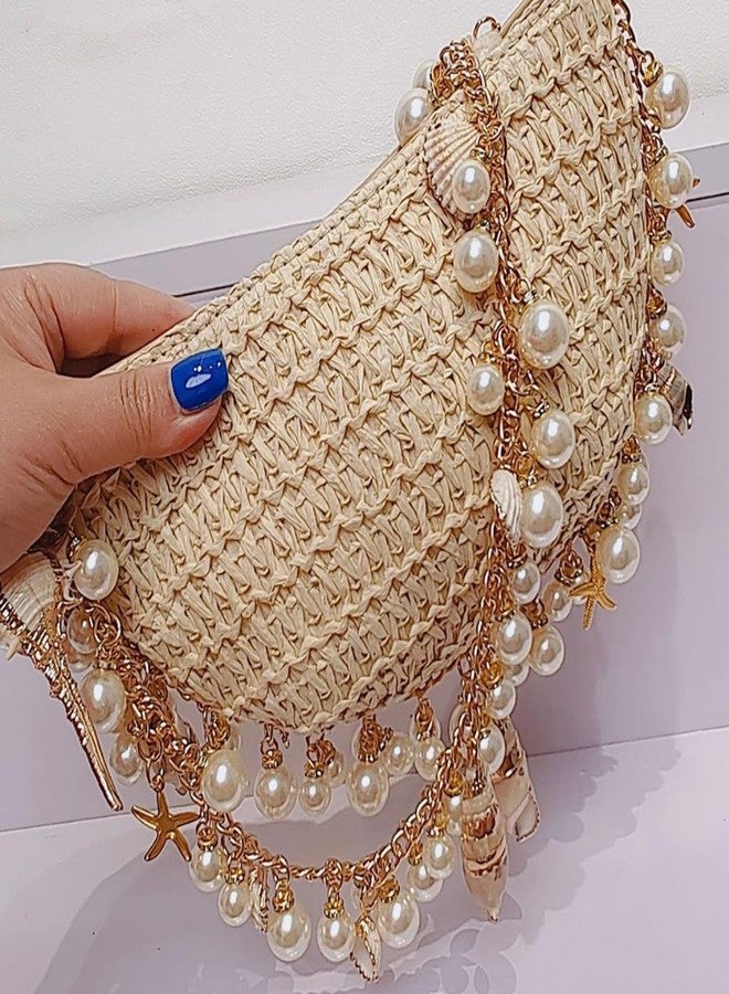 XMRSOY Women Straw Beach Bag with Shells and Pearls,Handmade Half Moon Design Purse, Small Tote Bag for Beach Party - Image 5