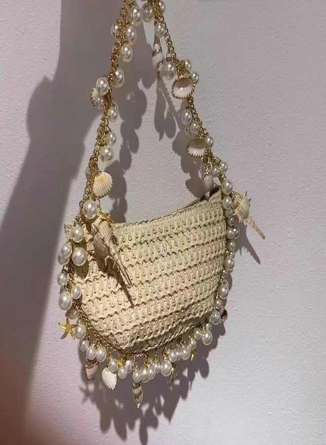 XMRSOY Women Straw Beach Bag with Shells and Pearls,Handmade Half Moon Design Purse, Small Tote Bag for Beach Party - Image 3