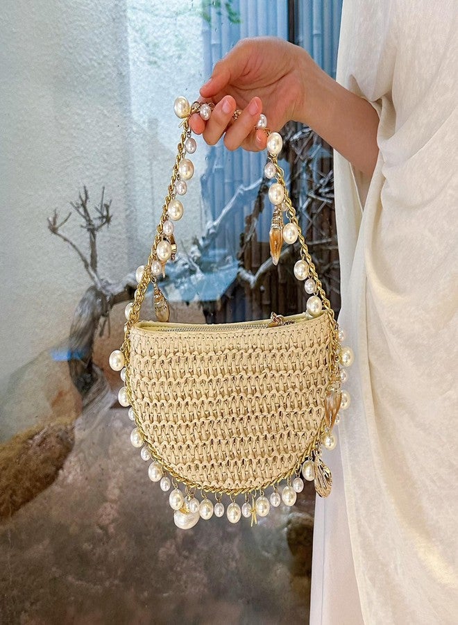 XMRSOY Women Straw Beach Bag with Shells and Pearls,Handmade Half Moon Design Purse, Small Tote Bag for Beach Party - Image 2