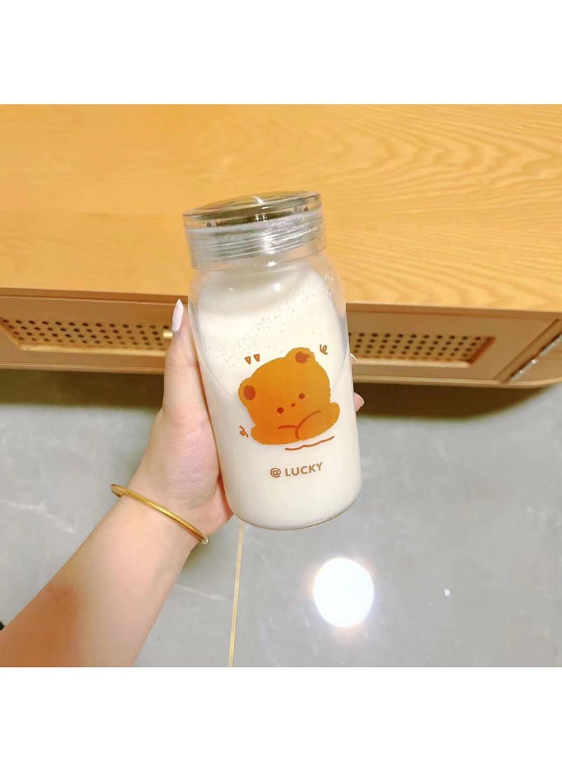 Cute Cartoon Glass Cup with Lid High Temperature Resistant Brown Bear