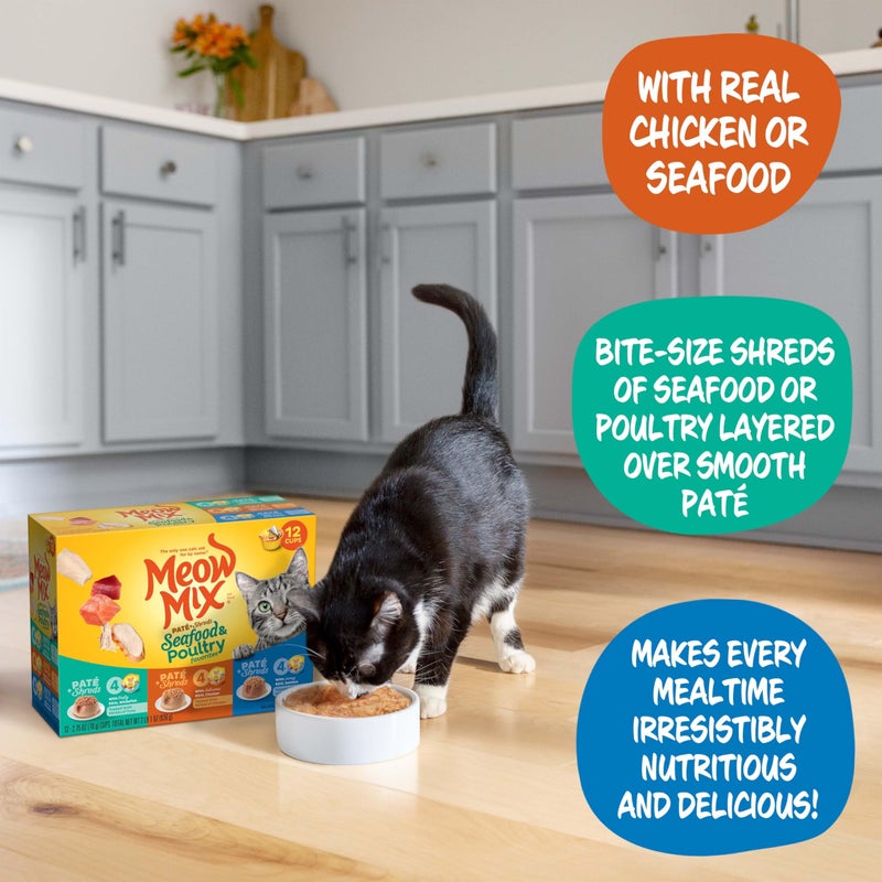 Meow Mix PatÃ© & Shreds Wet Cat Food Variety Pack, Seafood & Poultry Favorites, 2.75 Ounce Cup (Pack of 12) - Image 3