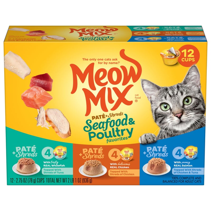 Meow Mix PatÃ© & Shreds Wet Cat Food Variety Pack, Seafood & Poultry Favorites, 2.75 Ounce Cup (Pack of 12) - Image 1
