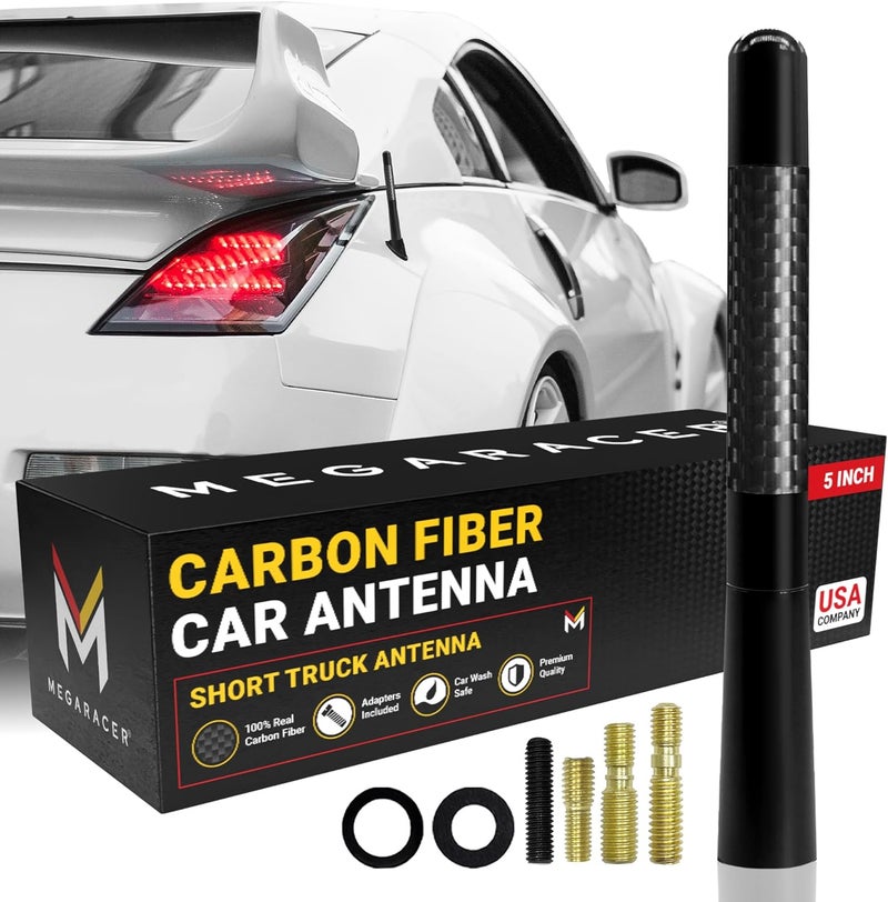 Mega Racer 5" 127 mm Carbon Fiber Polished Finish Black Short Automotive Antenna with Internal Copper Coil AM FM Compatible for Car and Truck Vehicle, 1 Piece - Image 1