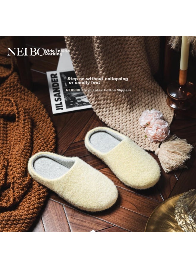 Neibo Latex Cotton Slippers Women Winter Plus Size Men Indoor Home Shoes Anti-slip Anti-odor Rubber Soft Bottom Wool Yellow Size 47 - Image 1