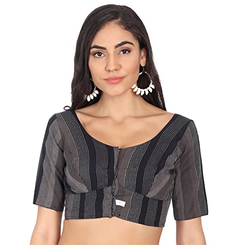 JISB Women's Cotton Geometric Half Sleeve Blouse (JISB00612_Black_34) - Image 1