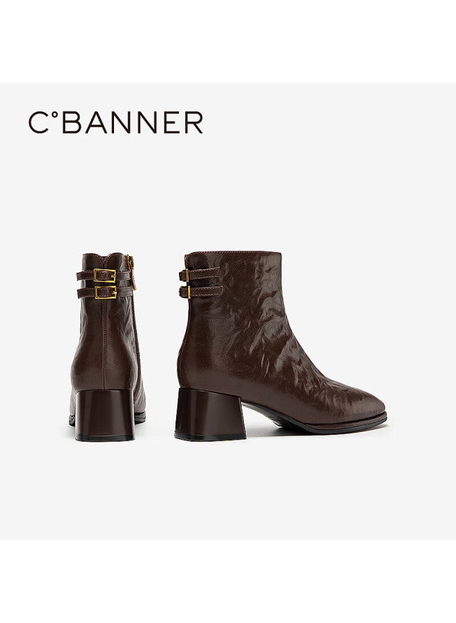 C.banner Winter New Hand-grasp Leather Fashion Boots Sheepskin Commuter Height-increasing Ankle Boots A25556823 Brown Size 38 - Image 3