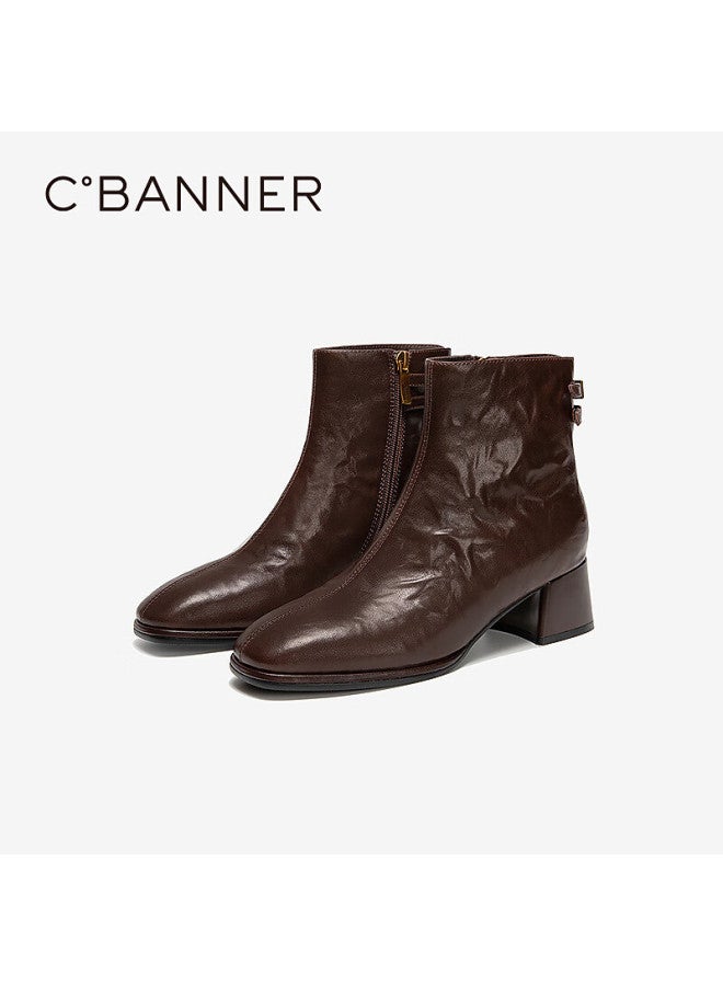 C.banner Winter New Hand-grasp Leather Fashion Boots Sheepskin Commuter Height-increasing Ankle Boots A25556823 Brown Size 38 - Image 5