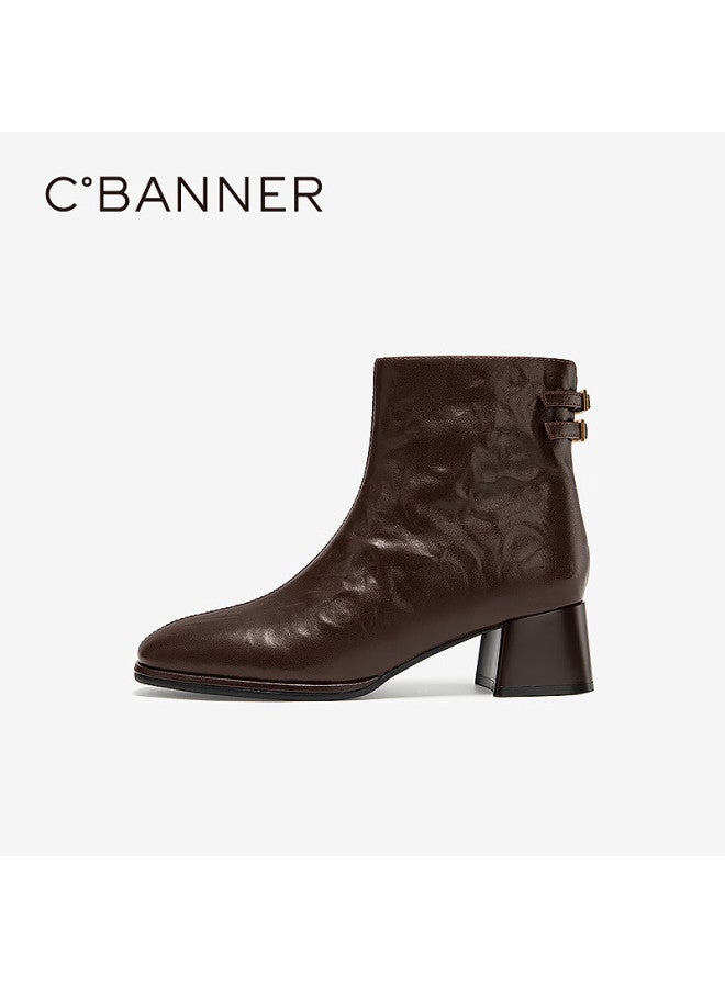C.banner Winter New Hand-grasp Leather Fashion Boots Sheepskin Commuter Height-increasing Ankle Boots A25556823 Brown Size 38 - Image 2