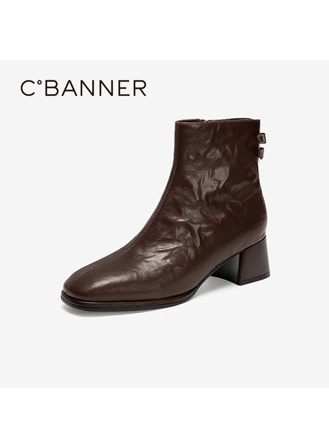 C.banner Winter New Hand-grasp Leather Fashion Boots Sheepskin Commuter Height-increasing Ankle Boots A25556823 Brown Size 38 - Image 1