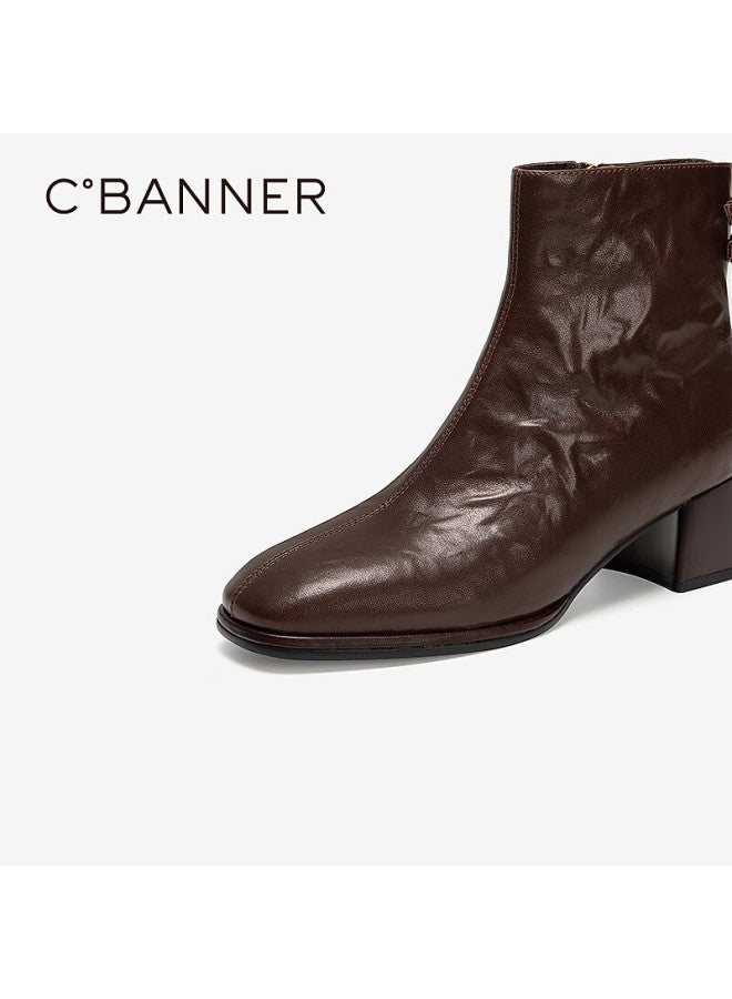 C.banner Winter New Hand-grasp Leather Fashion Boots Sheepskin Commuter Height-increasing Ankle Boots A25556823 Brown Size 38 - Image 4